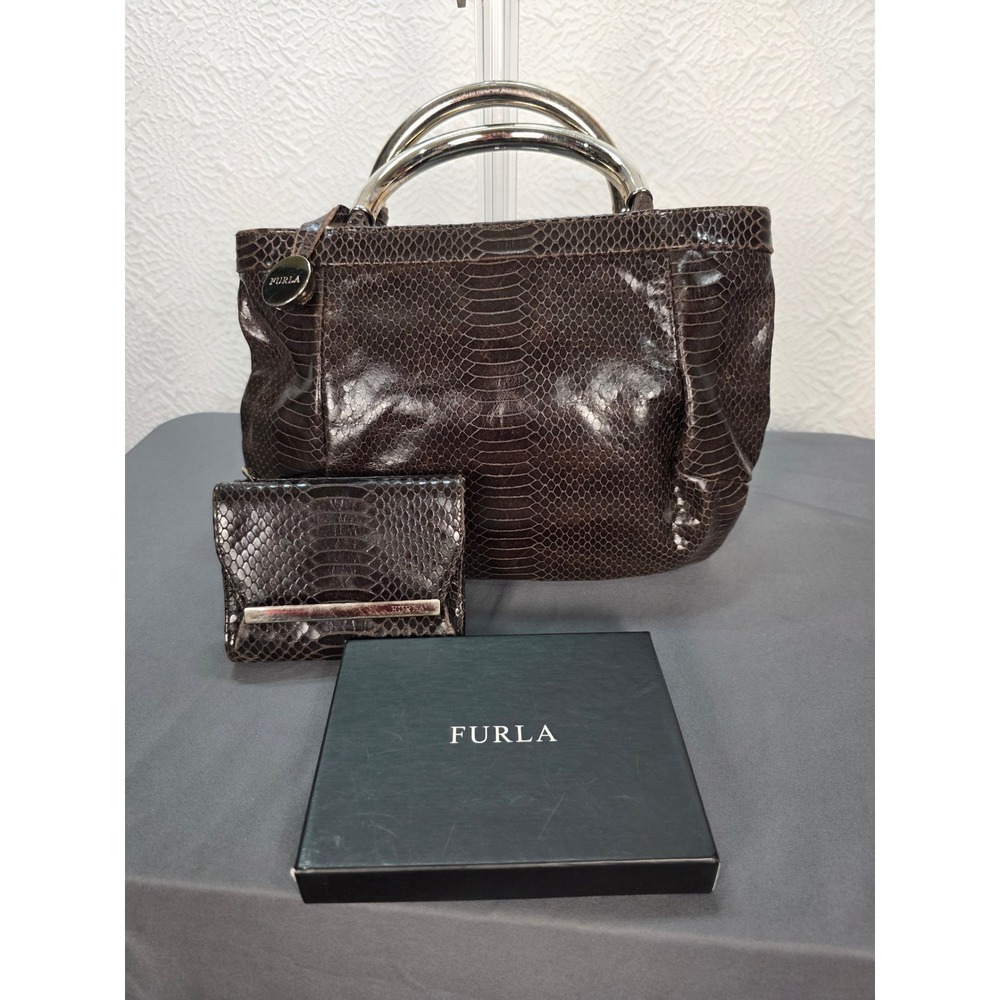 Furla Handbag Set Women Medium Brown Good Vintage Python Embossed Metal Handle